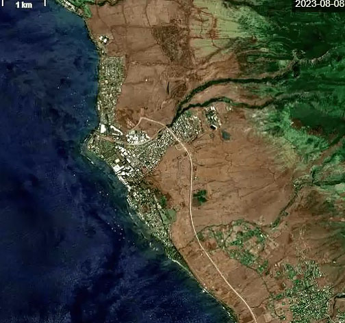 Imagem de satlite capturada dia 8 de agosto mostra o litoral de Lahaina, em Maui. Crdito: Programa Copernicus, Unio Europeia. 