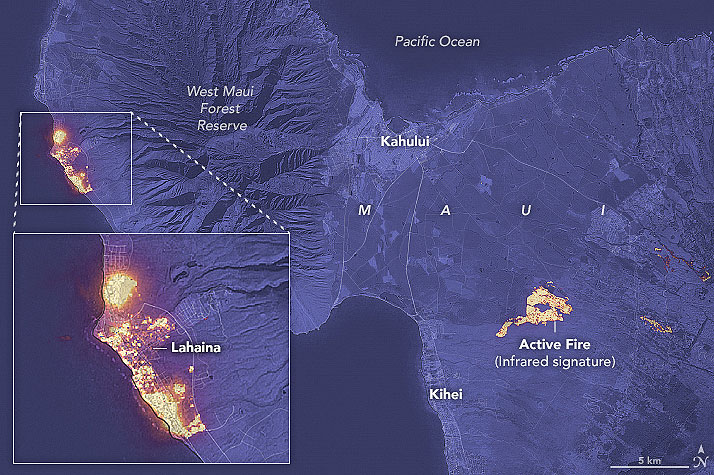 Imagem de satlite do dia 8 de agosto revela o grande incndio que tomou Lahaina, em Maui. Crdito: Landasat8/NASA 