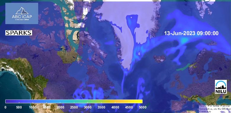 Simulao feita por modelo de clima mostra o caminho das partculas em 13 de junho. Crdito: NILU 