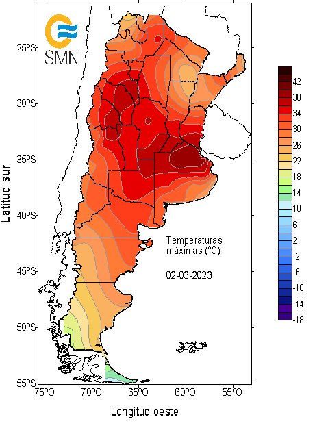Mapa indica as regies que estiveram mais quentes na Argentina no comeo do ms, Vrias localidades bateram recordes. Crdito: SMN