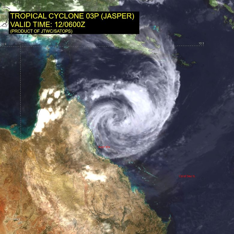 Imagem de satlite mostra o ciclone tropical Jasper, prximo ao norte da Austrlia, dia 12 de dezembro. Crdito: JTWC/SATOPS 