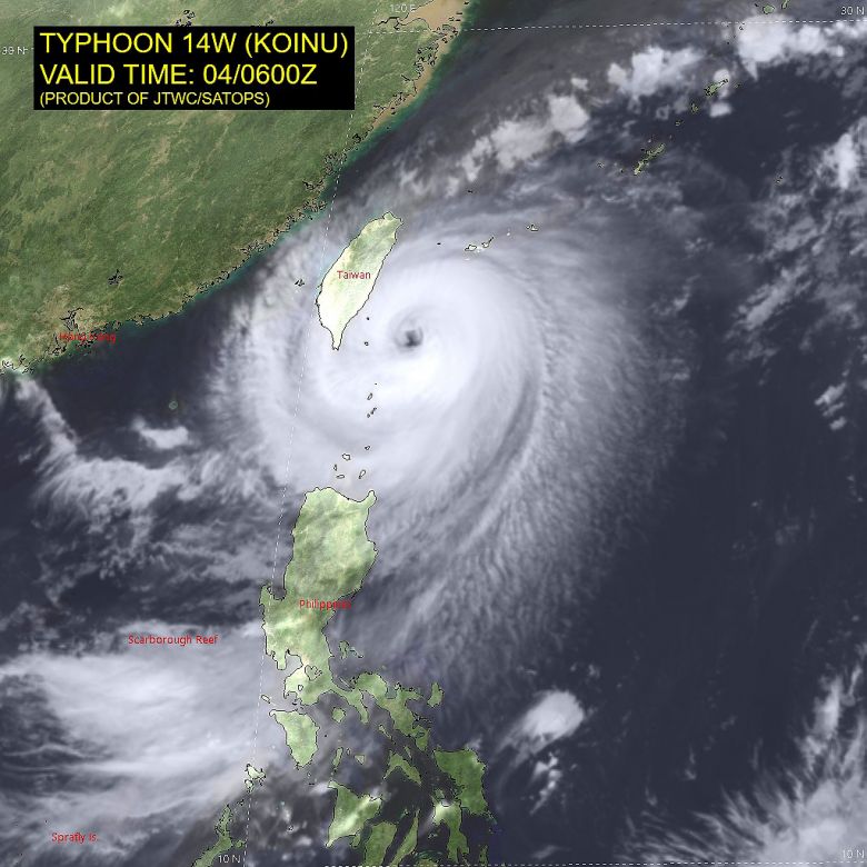 A imagem de satlite completa mostra a posio do tufo Koinu ao leste de Taiwan e ao norte das Filipinas no dia 4 de outubro. Crdito: JTWC/SATOPS