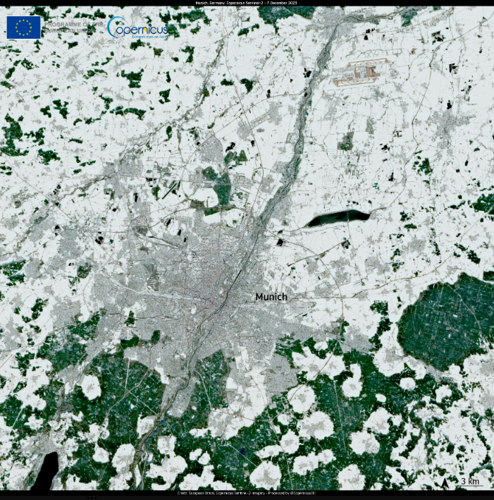 Imagem de sat�lite do dia 7 de dezembro mostra grandes quantidades de neve em Munique e nos arredores, no estado da Baviera. Cr�dito: Sentinel2/Copernicus