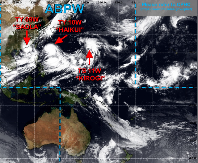 O Centro de Alerta de Tufes do Pacfico (JTWC) monitora os fenmenos ativos nesta sexta-feira, dia primeiro de setembro de 2023. Crdito: JTWC 