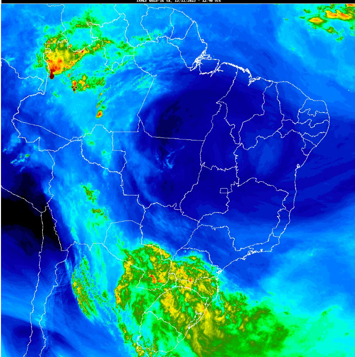 Imagem de satélite mostra o contraste de umidade sobre o Brasil neste começo de semana. Crédito: GOES-16/INMET
