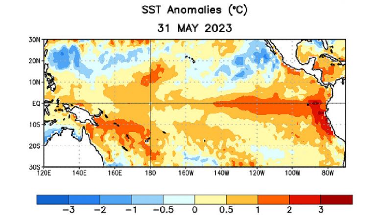 Anomalia da temperatura da superfcie do mar no final de maio, principal indicativo para a formao do fenmeno El Nio no Pacfico leste e equatorial. Crdito: NOAA