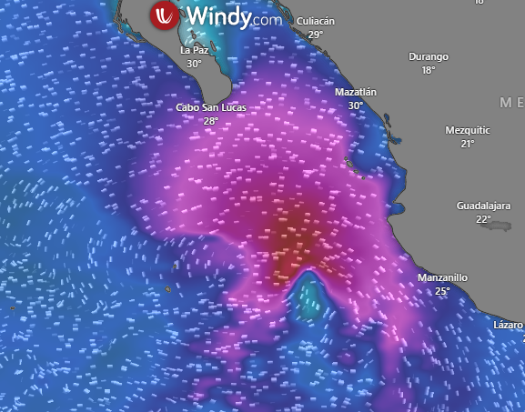 Mapa indica a rea de atuao do swell gerado pelo furaco Lidia na costa mexicana nesta tera-feira. Crdito: Modelo ECMWF/WINDY