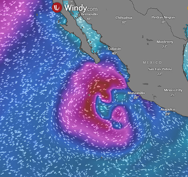 Swell produzido pelo furaco Norma dia 19 de outubro. H avisos costeiros em vigor para a Baixa Califrnia. Crdito: WINDY/Modelo GFS  