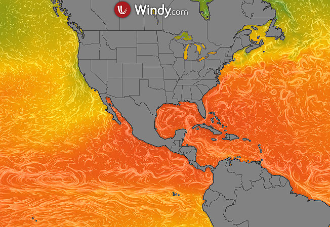 Mapa indica temperaturas na superf�cie em parte do Pac�fico e Atl�ntico, gerada por modelos meterol�gicos em primeiro de agosto. Cr�dito: WINDY