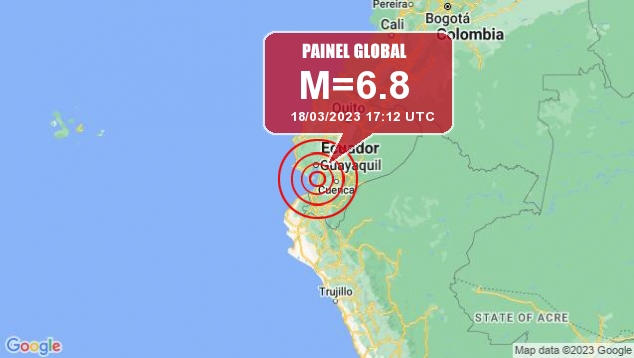 Mapa indica o epicentro do forte tremor de magnitude 6.8 que atingiu o Equador na tarde de 18 de mar�o. Cr�dito: GoogleMaps/Painel Global 