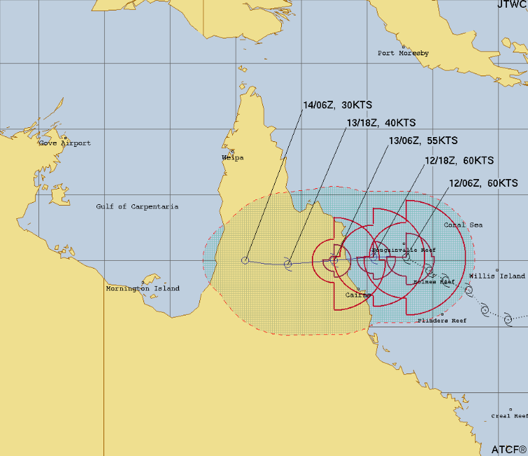 Trajeto estimado para o ciclone tropical Jasper pelo Joint Typhoon Warning Center nos prximos dias. Crdito: JTWC