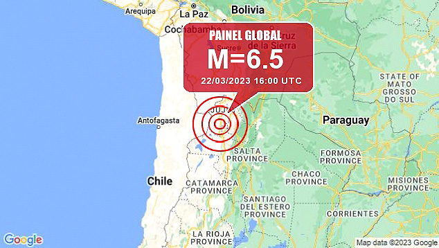 Mapa mostra localizao do forte tremor de magnitude 6.5 registrado na Argentina dia 22. Crdito: GoogleMaps/Painel Global  