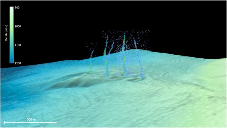 Imagem adquirida pelo sonar da fonte subaqutica, Pythias Oasis, mostra bolhas subindo do fundo do mar, a cerca de um quilmetro de profundidade e 80 quilmetros de Newport, Oregon. Crdito: Divulgao Universidade de Washington/Philip et al./Science Advances