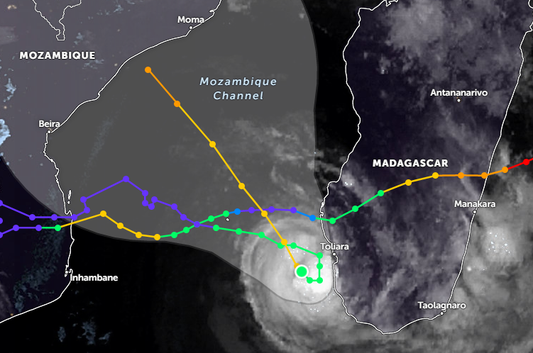 Ciclone Freddy volta a ganhar fora no Canal de Moambique dia 6 de maro, depois de ter atingido o continente africano nos ltimos dias. Crdito: detalhe do trajeto divulgado por Zoom Earth  