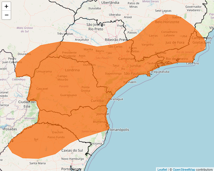 Mapa indica reas das Regies Sul e Sudeste, incluindo o RJ, dentro do aviso de perigo para novas tempestades entre 19 e 21 de janeiro. Crdito: INMET  