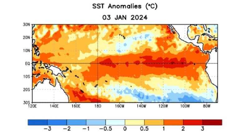 Anomalias mdias da temperatura da superfcie do mar para a semana do dia 3 de janeiro de 2024. Crdito: NOAA