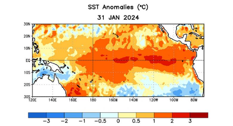 Mapa indica anomalias de temperatura da superfcie do mar (SST) na regio do Pacfico na semana de 31 de janeiro. Crdito: NOAA