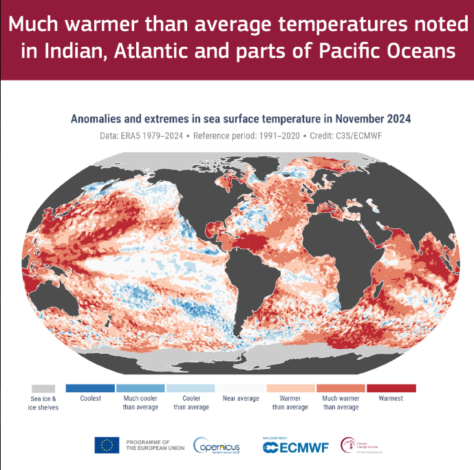 Mapa destaca anomalias e extremos da temperatura da superf�cie do mar em novembro de 2024. cr�dito: @CopernicusECMWF
