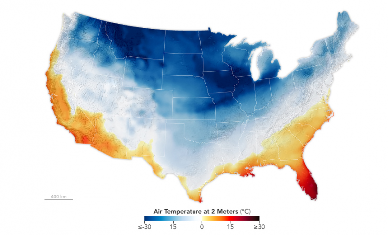 Mapa mostra a amplitude do ar frio sobre os EUA e os locais com temperaturas mais baixas que ficaram inferiores a -30C no incio da semana. Crdito: Modelo GEOS/NASA, 15 de janeiro. 