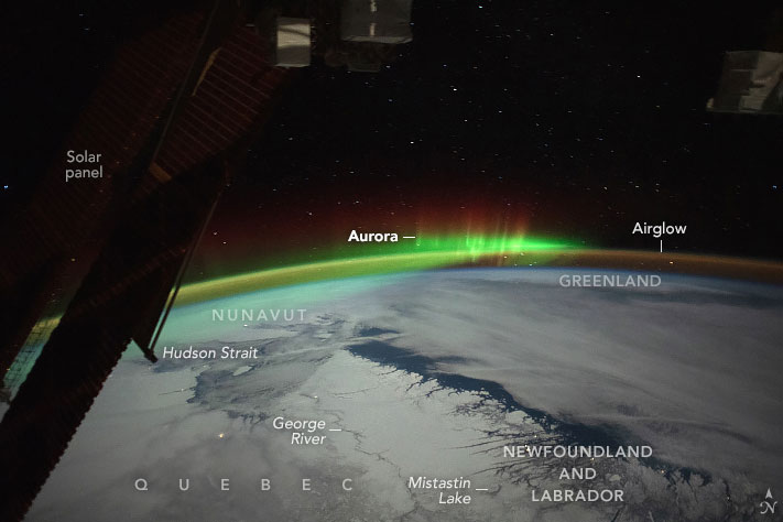 A imagem destaca as posies de territrios do Canad e da Groenlndia, rios e objetos celestes em primeiro de janeiro de 2024. Crdito: Andrea Wenzel/Jacobs-JETS II Contract at NASA-JSC 