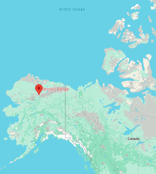 Localizao da Cordilheira de Brooks, no Alasca, onde rios e riachos esto adquirindo a cor laranja ferrugem. Crdito: GoogleMaps 