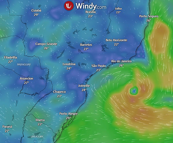 Mapa mostra a projeo dos ventos em superfcie, associados a nova depresso subtropical na costa do Sudeste, estimada para este sbado, dia 17. Crdito: Modelo GFS/WINDY  