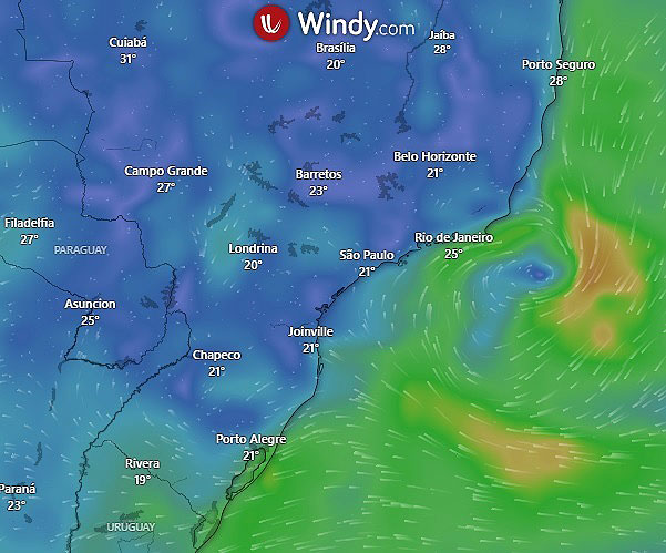 Mapa mostra rea de atuao dos ventos em superfcie gerados pela formao de uma depresso subtropical no mar, na altura do RJ, no dia 16. Crdito: Modelo GFS/WINDY