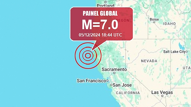 Mapa mostra localiza��o do intenso tremor na costa norte da Calif�rnia dia 5 de dezembro. Cr�dito: PainelGlobal/GoogleMaps