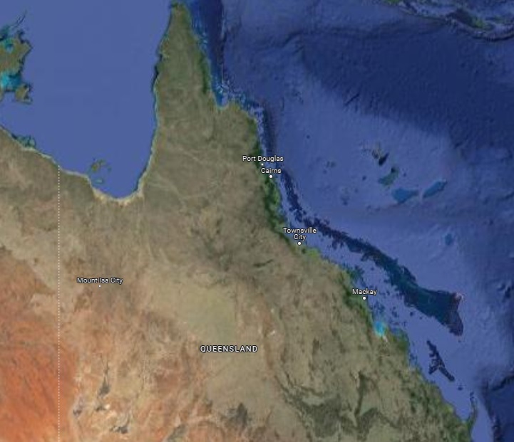 2300 quilmetros de recifes formam a Grande Barreira da Austrlia, ao largo da costa de Queensland. Crdito: Googlemaps 