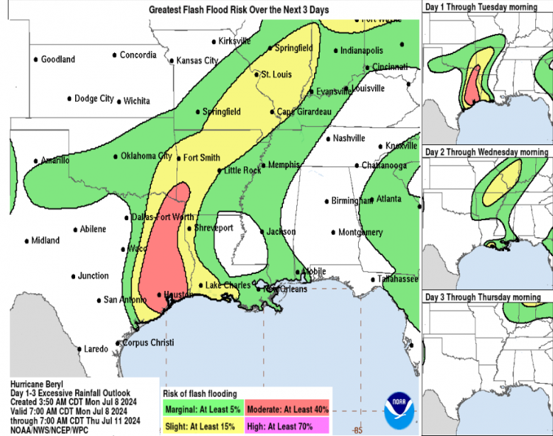 Mapa indica as reas com maior risco de inundao na passagem de Beryl nesta segunda-feira. Crdito: NHC 