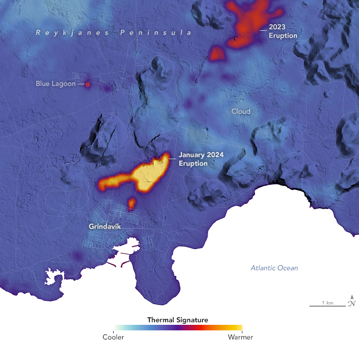 Mapa mostra contrastes de temperatura na rea de atividade do vulco na Islndia em 16 de janeiro de 2024. Crdito: NASA  