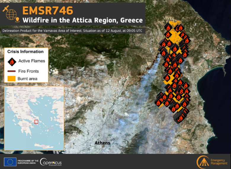 Mapa mostra as dezenas de focos de inc�ndios ativos na regi�o de �tica em 12 de agosto. Cr�dito: @CopernicusEMS 