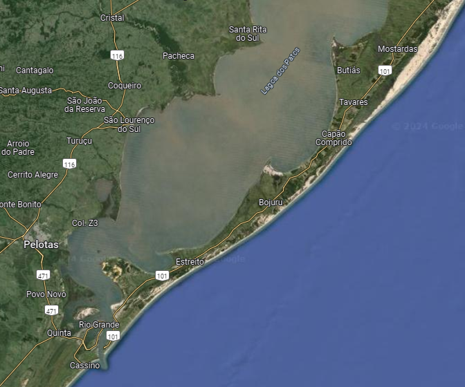 Mapa mostra parte da Lagoa dos Patos por onde as guas do Guaba chegam ao Atlntico. Crdito: GoogleMaps