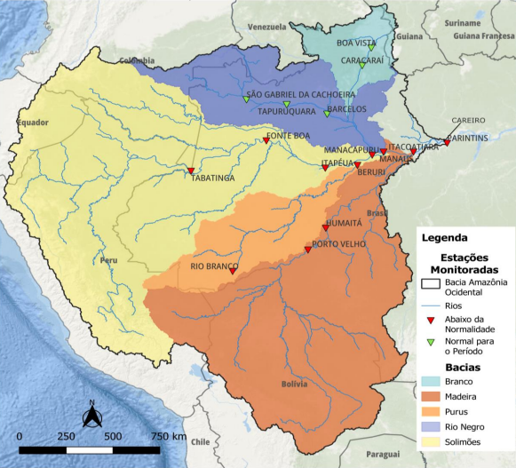 Mapa da Bacia do Amazonas e a situa��o atual das esta��es monitoradas. Cr�dito: Servi�o Geol�gico do BR