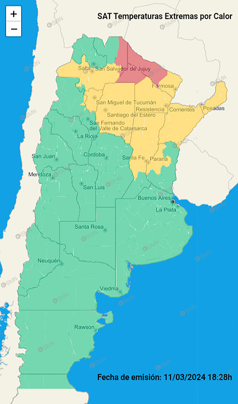 Mapa mostra reas do norte e extremo norte da Argentina que esto em alerta de temperaturas extremas. Crdito: SMN 