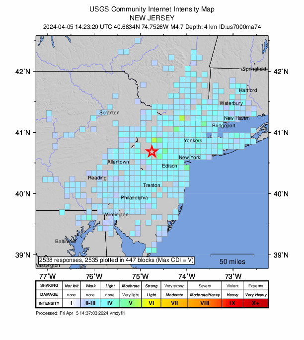 Mapa indica a localizao do terremoto que atingiu Nova Jersey (EUA) na manh do dia 5 de abril. Crdito: USGS 