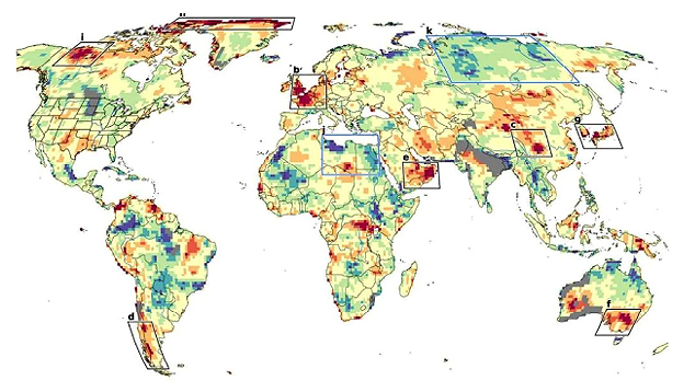 Mapa revela regi�es onde as ondas de calor superaram as simula��es dos modelos clim�ticos nas �ltimas d�cadas. Cr�dito: divulga��o PNAS/Meteored