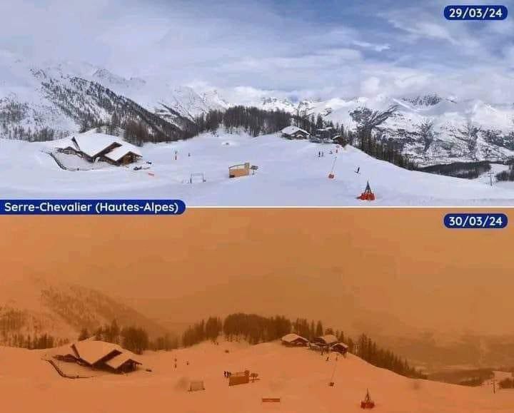 Transformao da paisagem nos alpes franceses registrada com a chegada da nuvem de poeira do Saara no fim de semana. Crdito: divulgao via X (twitter) @Gabriele M24