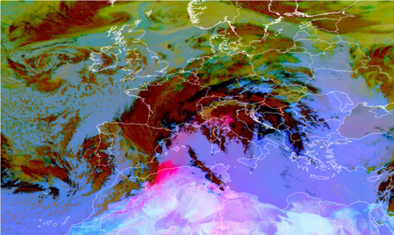 Imagem de satlite mostra na cor rosa a nuvem de poeira do Saara, seguindo em direao  Europa no dia 29 de maro. Crdito: Eumetsat