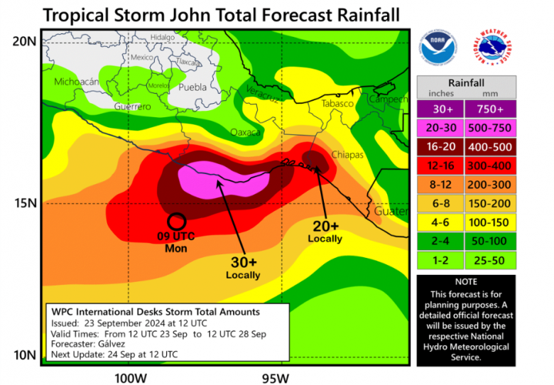 Volumes de chuva estimados para a costa do M�xico com a tempestade John. Cr�dito: NHC