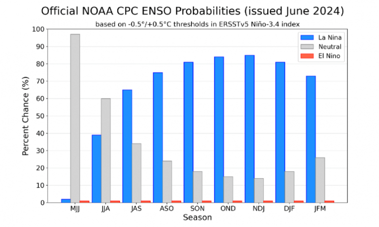 Grfico indica grande chance do fenmeno La Nia influenciar o clima global nos prximos meses. Crdito: NOAA 