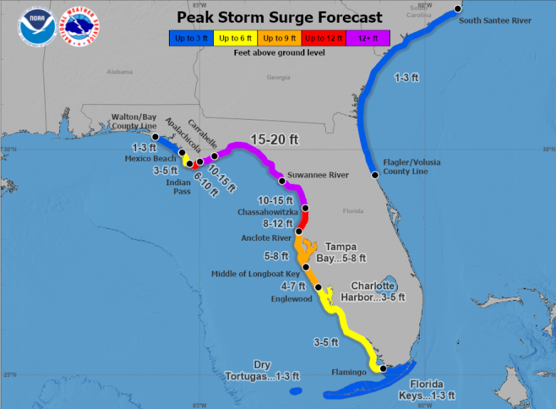 N�vel da �gua poder� atingir at� 6 metros em parte da costa do Golfo da Fl�rida. Cr�dito: NHC 