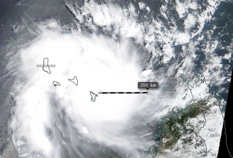 Imagem de sat�lite mostra o tamanho do ciclone Chido quando tocou o solo de Mayotte em 14 de dezembro. Cr�dito: Worldview/NASA