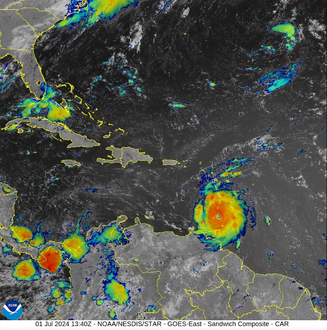 Imagem de sat�lite mostra a posi��o de Beryl, que vai impactar as ilhas caribenhas. Cr�dito: GOES-East/NOAA