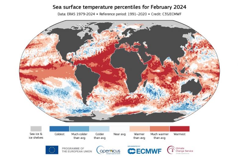 Temperatura da superfcie do mar para fevereiro de 2024. Crdito: Servio de Alteraes Climticas Copernicus/ECMWF