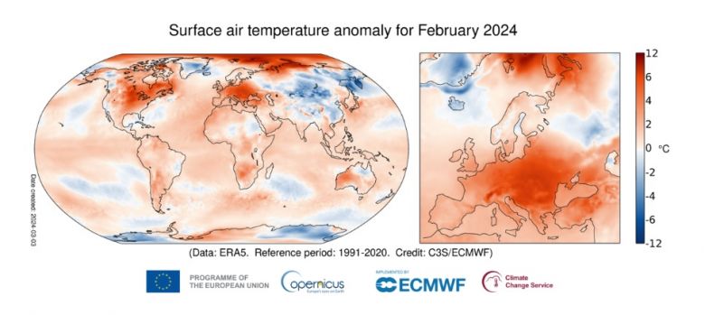 Anomalia da temperatura do ar em fevereiro de 2024 em relao  mdia do perodo 1991-2020. Crdito: Servio de Alteraes Climticas Copernicus/ECMWF