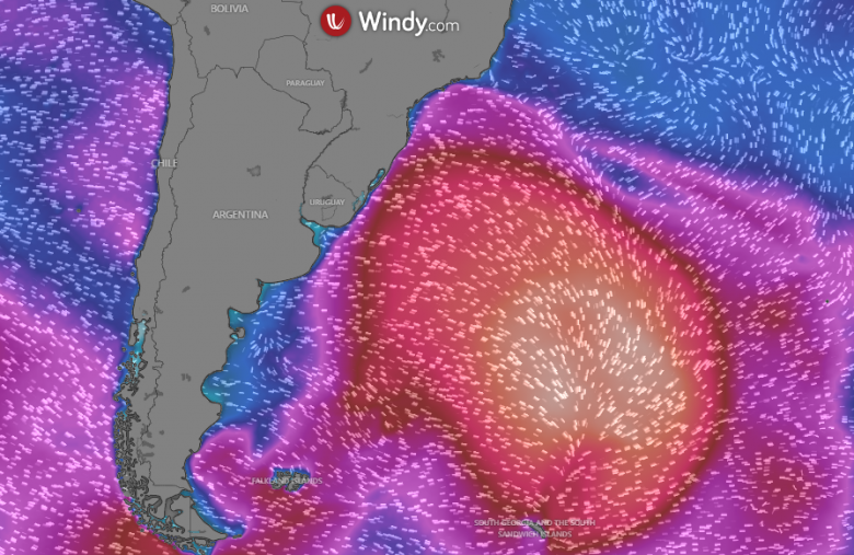 Mapa mostra grande �rea de atua��o do swell no Atl�ntico Sul no dia 4 de dezembro. Cr�dito: WINDY 