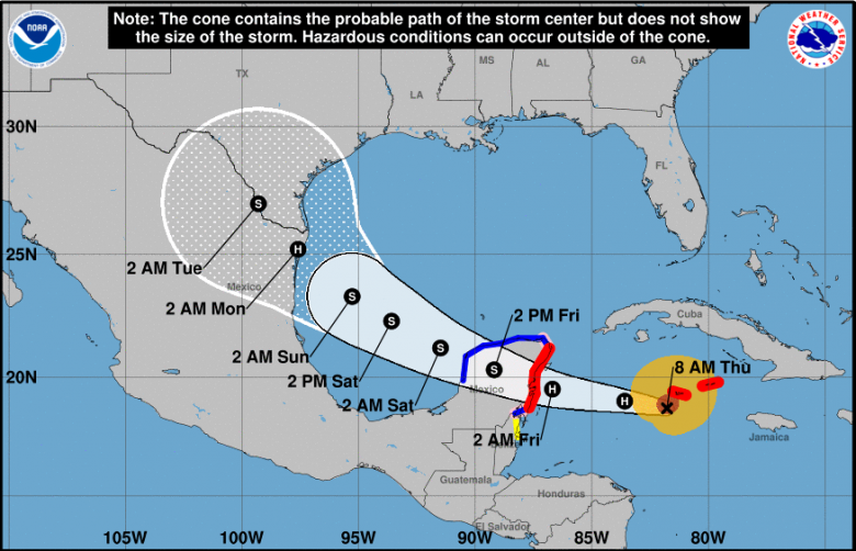 Trajeto previsto para Beryl nos pr�ximos dias. Cr�dito: NHC 