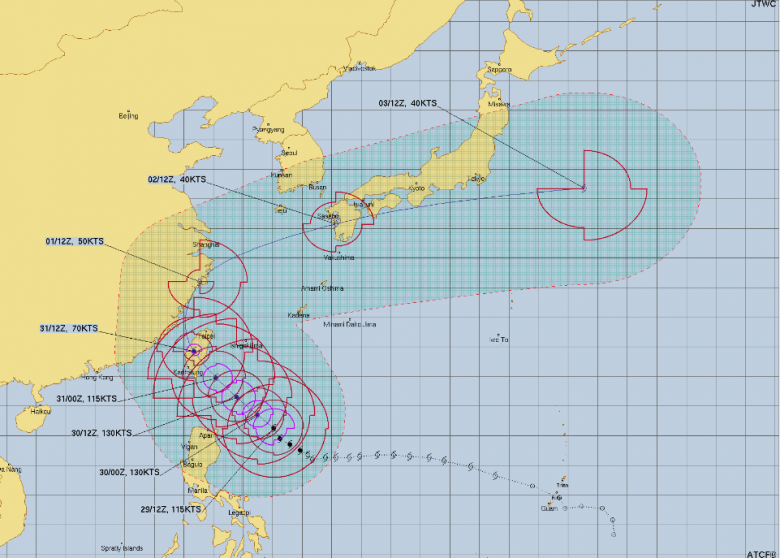 Trajeto estimado para Kong Rey nos prximos dias. Crdito: JTWC