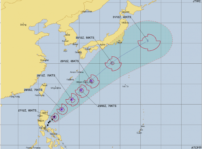 Trajeto estimado para o tuf�o Ewiniar nos pr�ximos dias. Cr�dito: JTWC